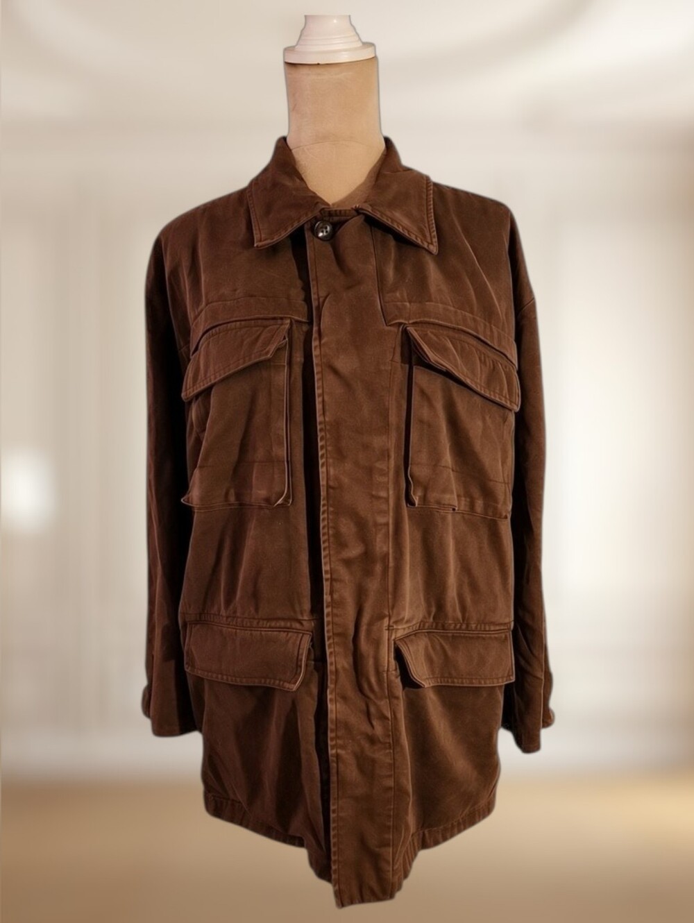 Vintage Guess 1990s Cotton Walnut Brown Utility Jacket Coat